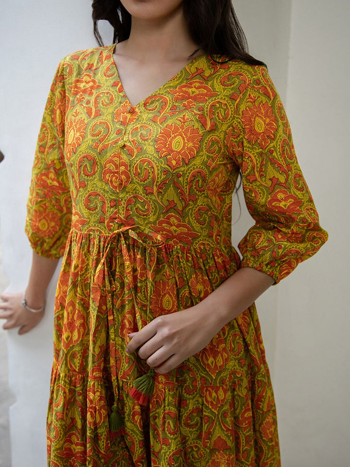 ZERESOUQ-Mustard-&-Green-Cotton-Printed-Maxi-Dress