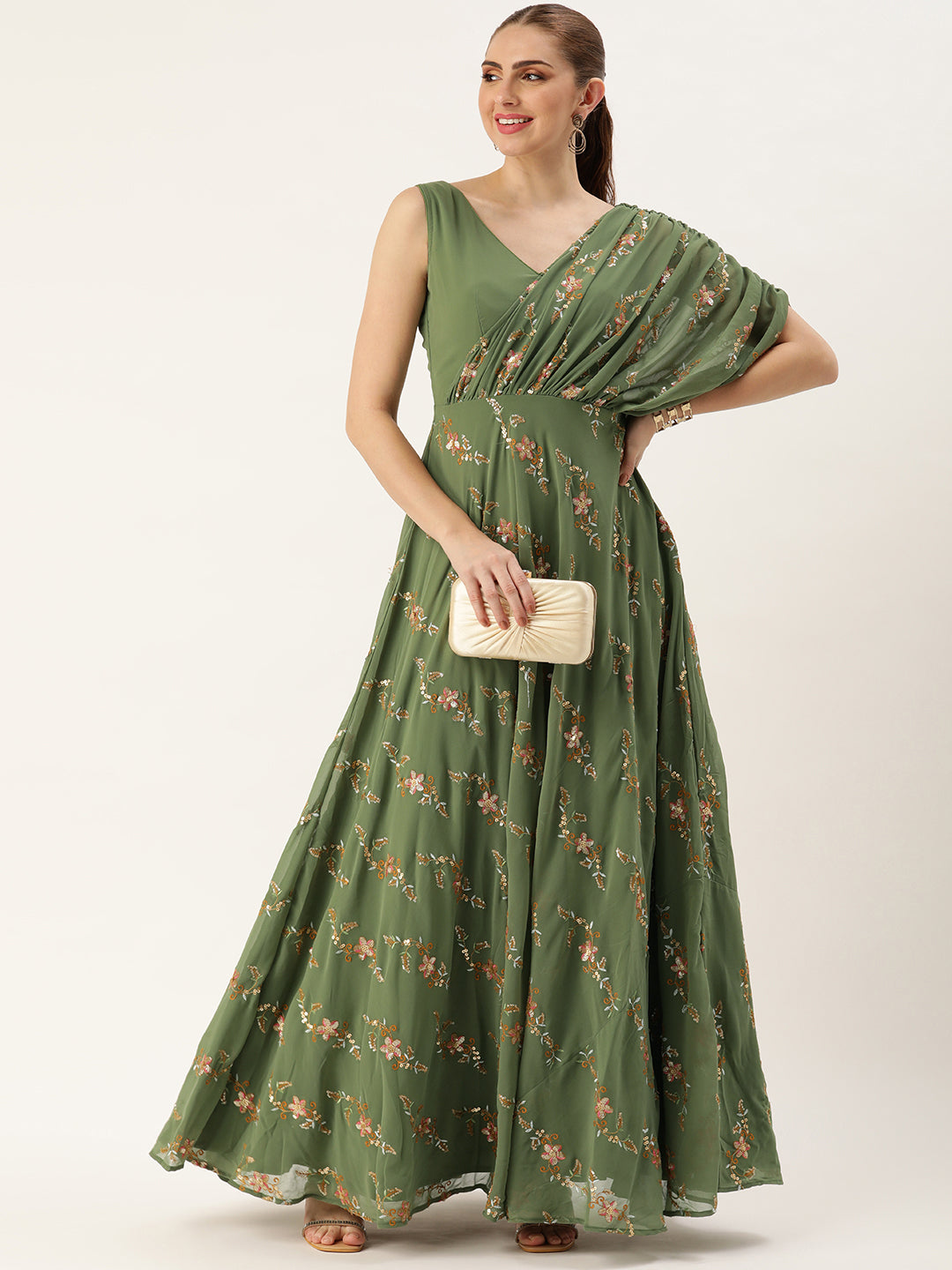 Green-Georgette-Embroidered-Draped-Gown