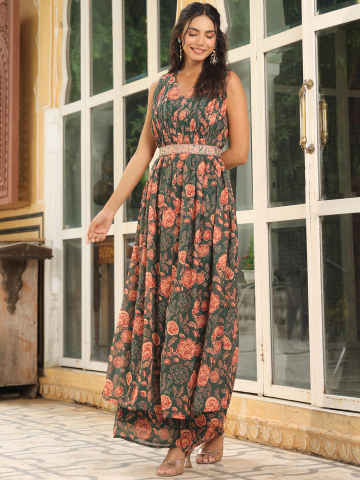 ZERESOUQ-Green-Georgette-Floral-2-Piece-Kurta-Set