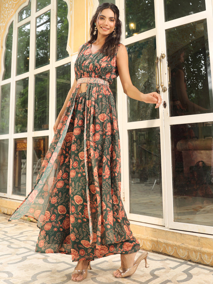 ZERESOUQ-Green-Georgette-Floral-2-Piece-Kurta-Set