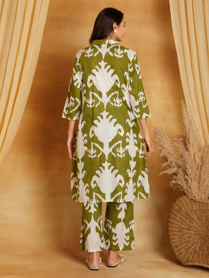 Green Ikkat Floral Printed 2-Piece Kurta Set