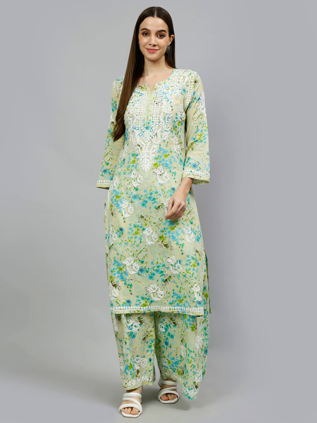 Green-Mulmul-Embroidered-Chikankari-Kurta-&-Palazzo-Set