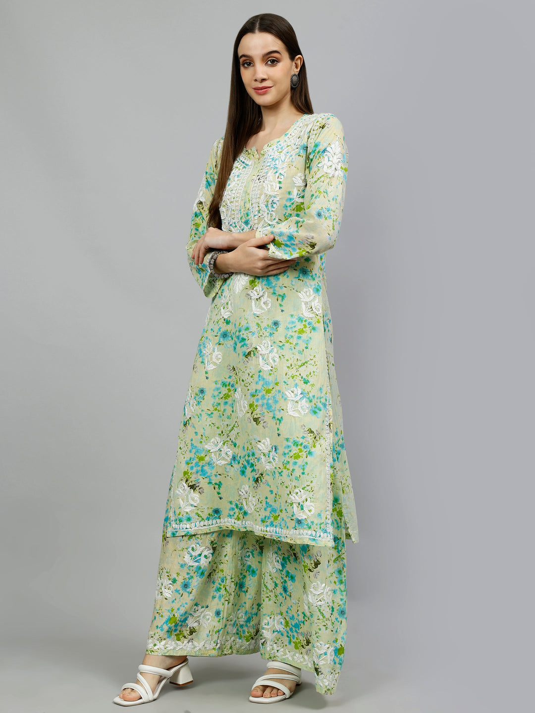 Green-Mulmul-Embroidered-Chikankari-Kurta-&-Palazzo-Set