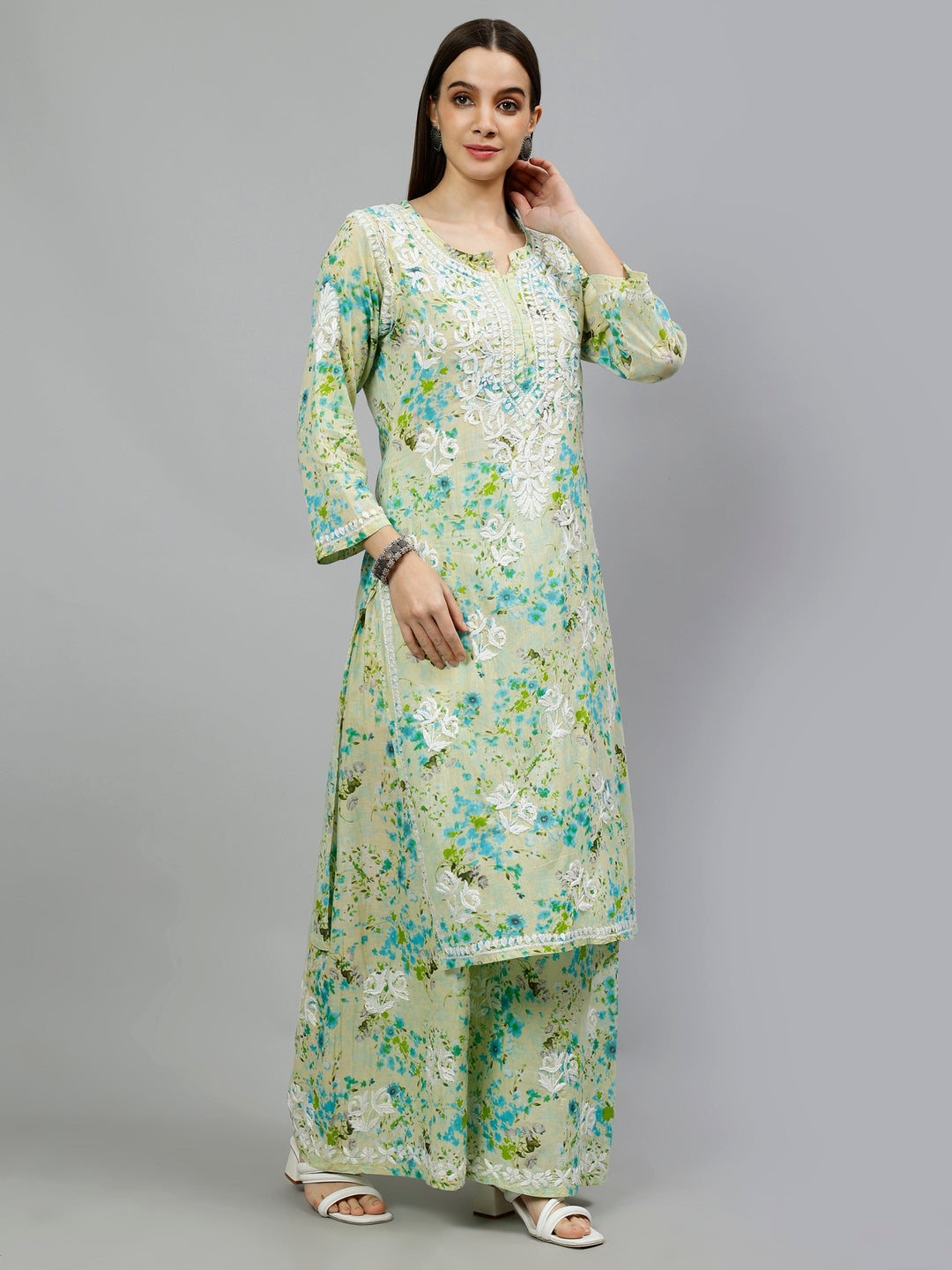 Green-Mulmul-Embroidered-Chikankari-Kurta-&-Palazzo-Set