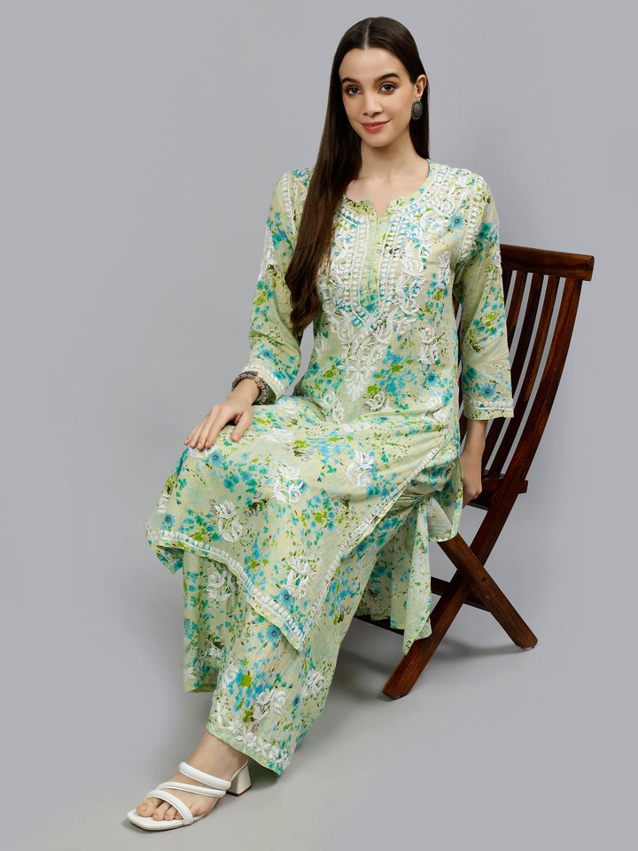 Green-Mulmul-Embroidered-Chikankari-Kurta-&-Palazzo-Set