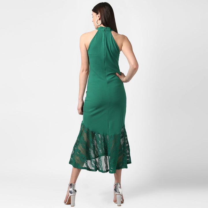Green-Polyester-Asymmetrical-Lace-Dress