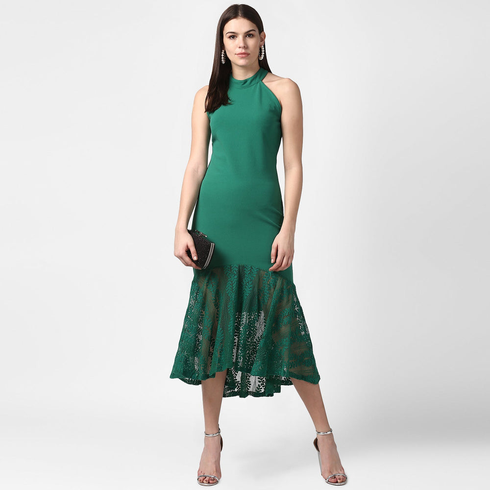 Green-Polyester-Asymmetrical-Lace-Dress