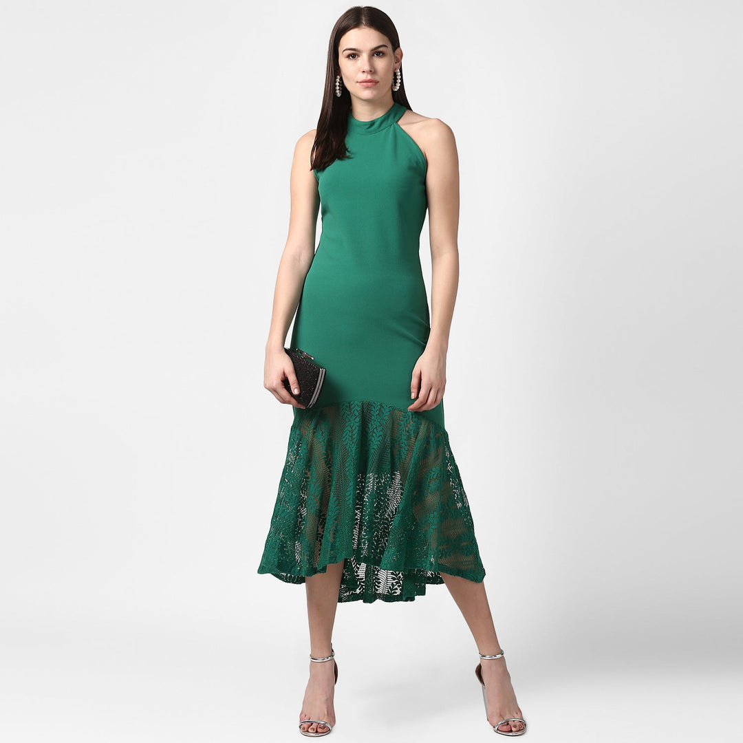 Green-Polyester-Asymmetrical-Lace-Dress