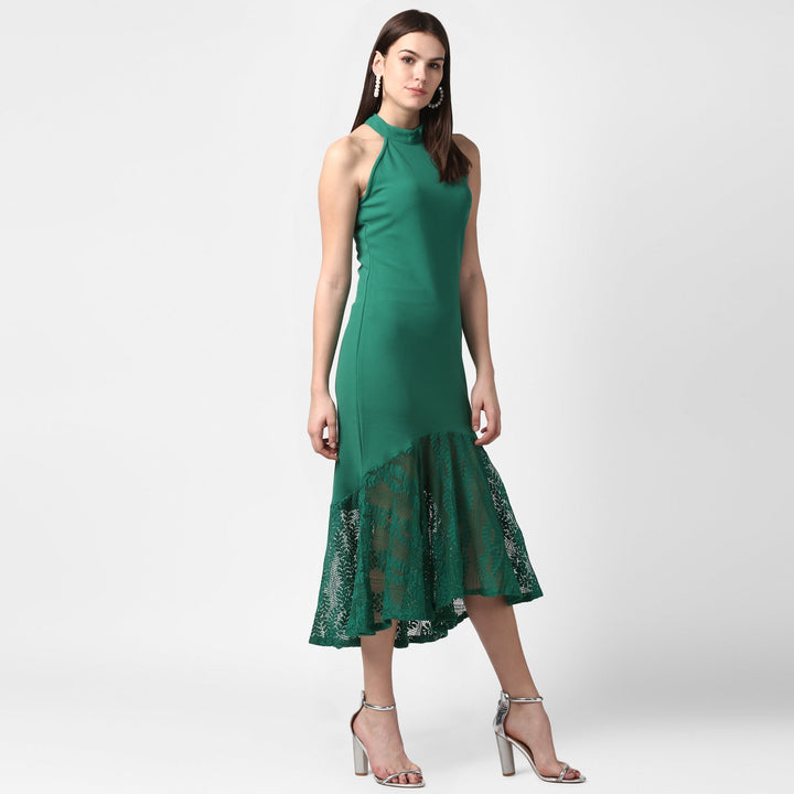 Green-Polyester-Asymmetrical-Lace-Dress