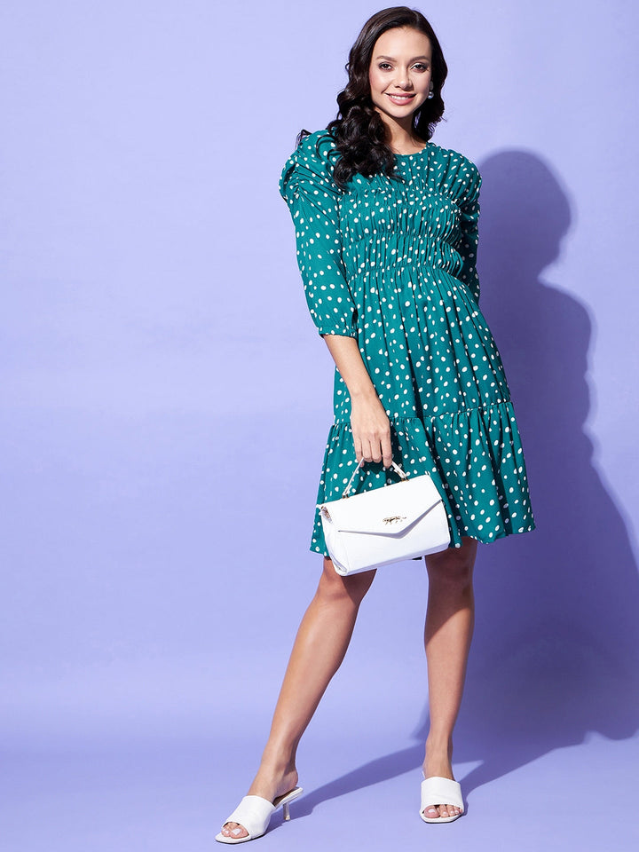Green-Polyester-Moss-Ruched-Green-Polka-Dress