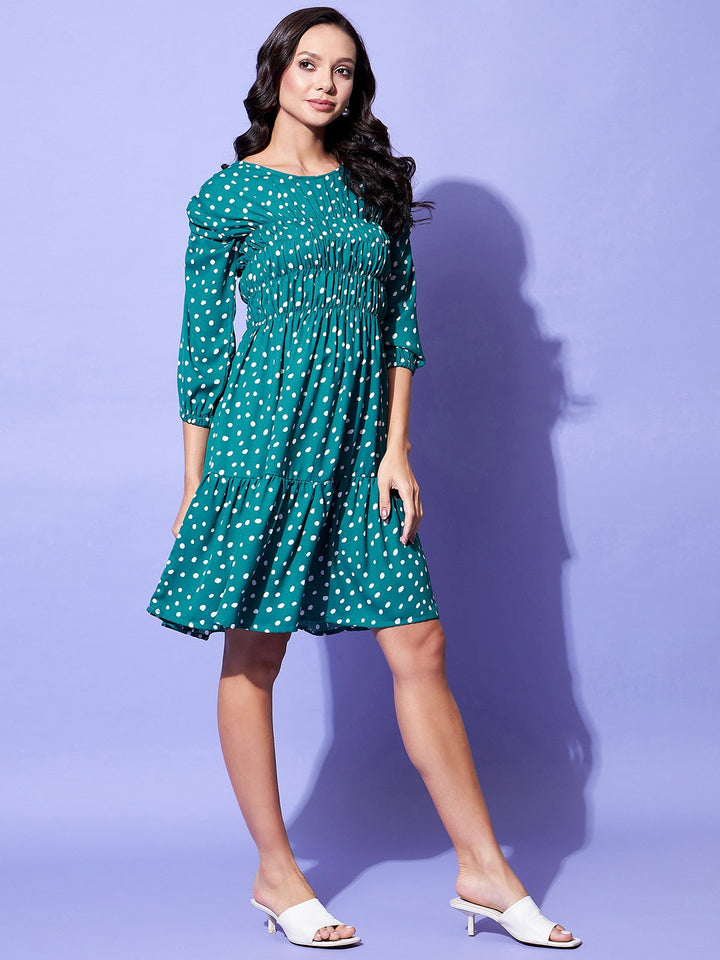 Green-Polyester-Moss-Ruched-Green-Polka-Dress