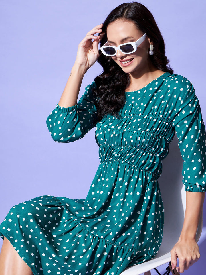 Green-Polyester-Moss-Ruched-Green-Polka-Dress
