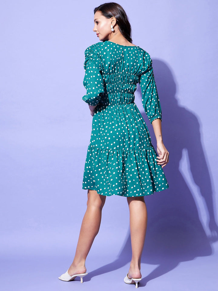 Green-Polyester-Moss-Ruched-Green-Polka-Dress