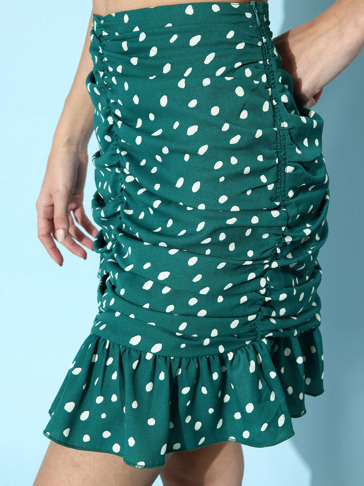 Green-Polyester-Pleated-Polka-Top-&-Skirt-Set