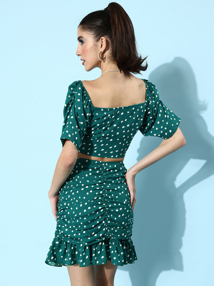 Green-Polyester-Pleated-Polka-Top-&-Skirt-Set