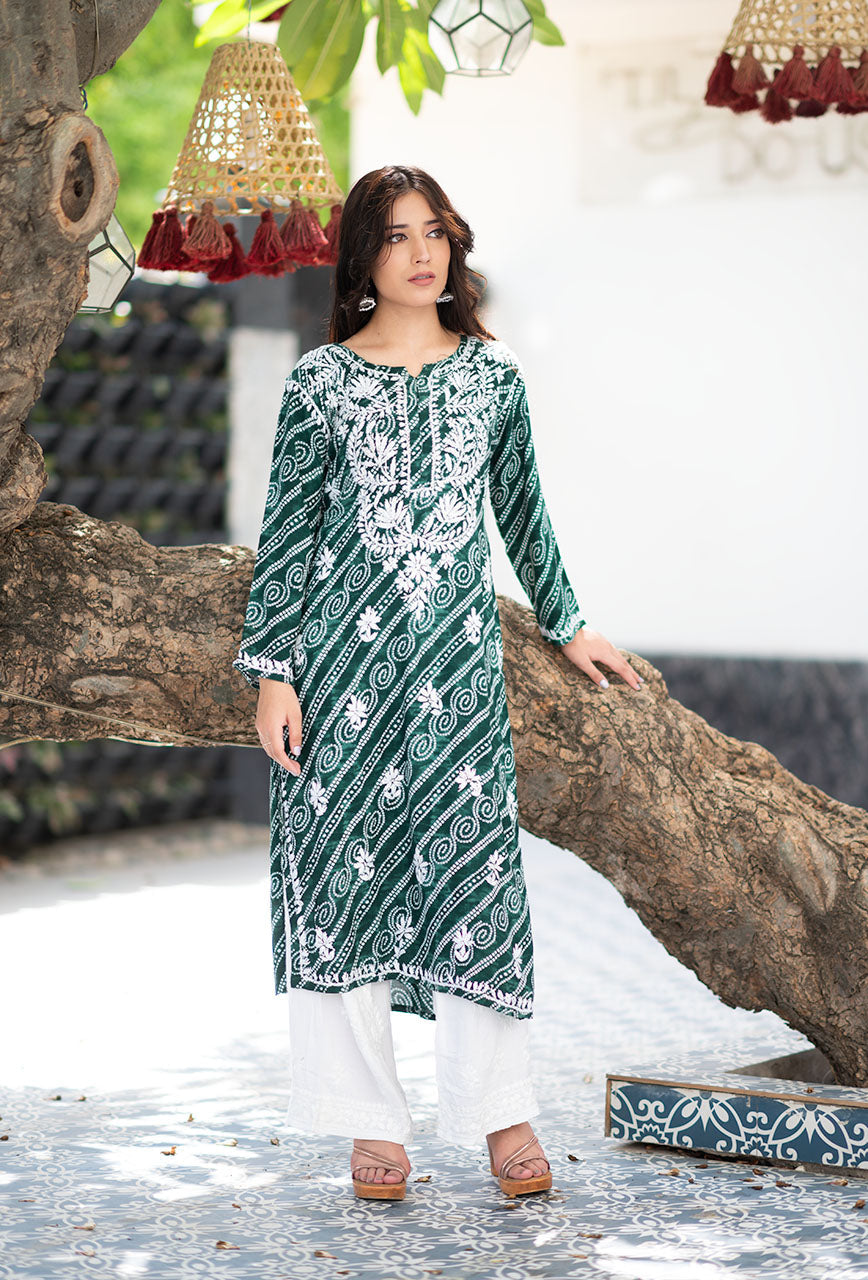ZERESOUQ-Green-Rayon-Bandhani-Printed-Kurta