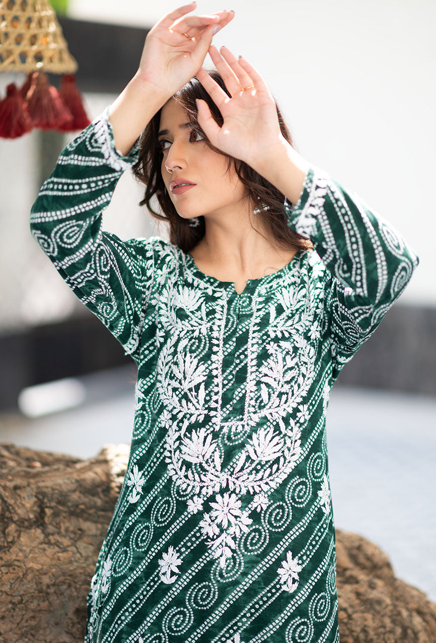 ZERESOUQ-Green-Rayon-Bandhani-Printed-Kurta