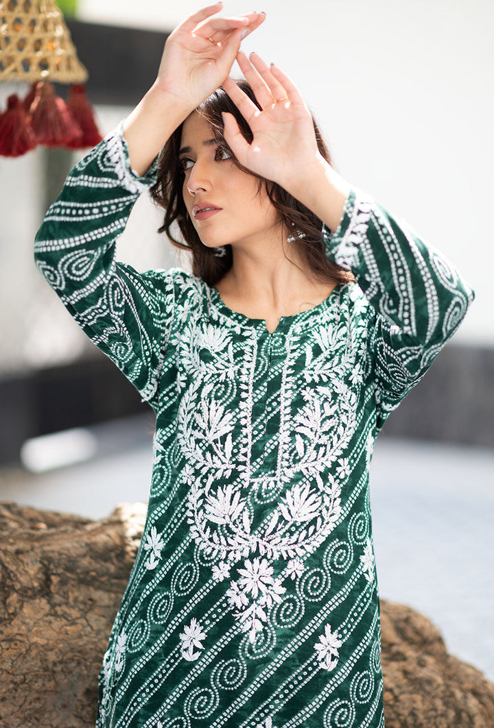 ZERESOUQ-Green-Rayon-Bandhani-Printed-Kurta