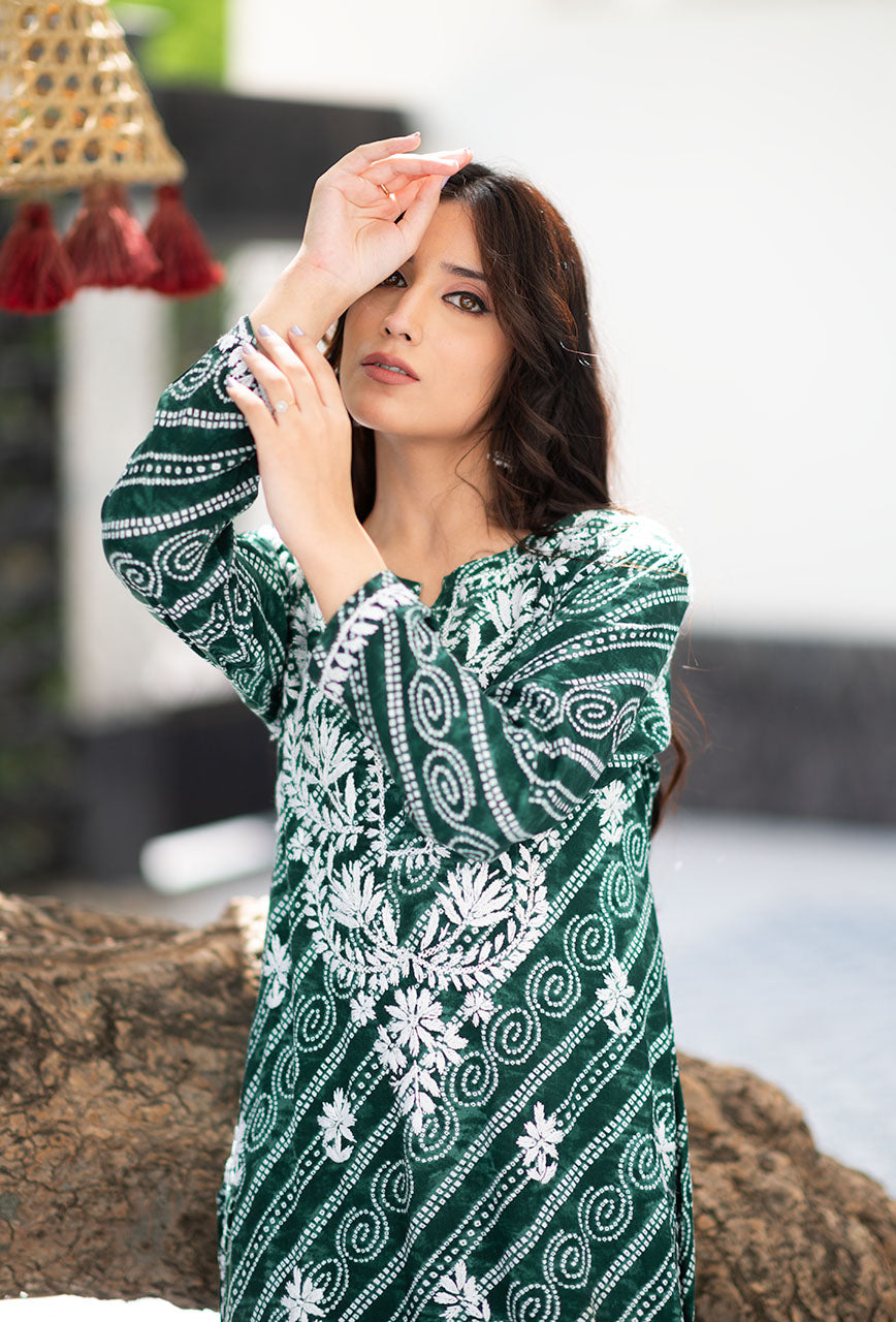 ZERESOUQ-Green-Rayon-Bandhani-Printed-Kurta