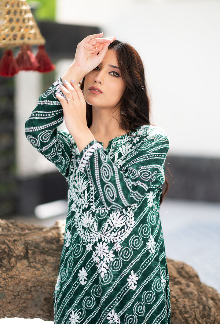 ZERESOUQ-Green-Rayon-Bandhani-Printed-Kurta