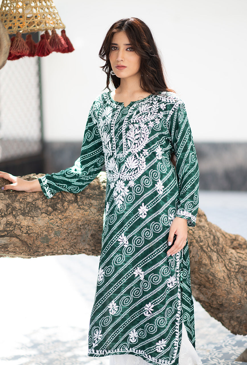ZERESOUQ-Green-Rayon-Bandhani-Printed-Kurta