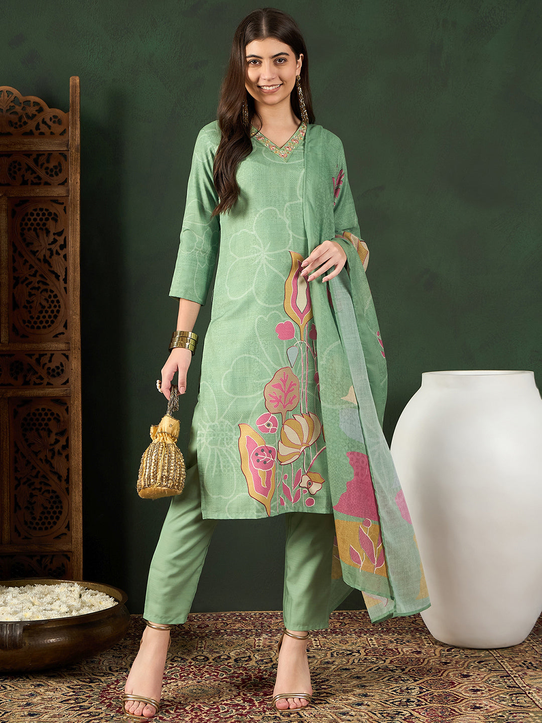 ZERESOUQ-Green-Silk-Blend-Floral-Printed-3-Piece-Kurta-Set