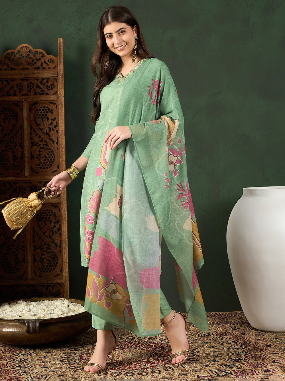 ZERESOUQ-Green-Silk-Blend-Floral-Printed-3-Piece-Kurta-Set
