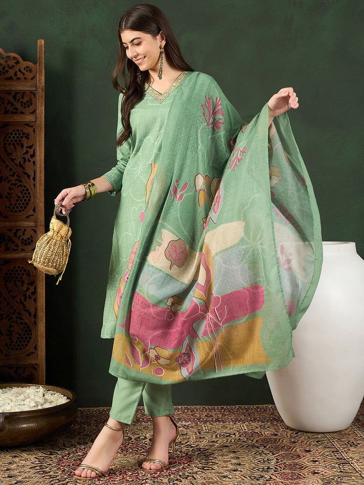 ZERESOUQ-Green-Silk-Blend-Floral-Printed-3-Piece-Kurta-Set