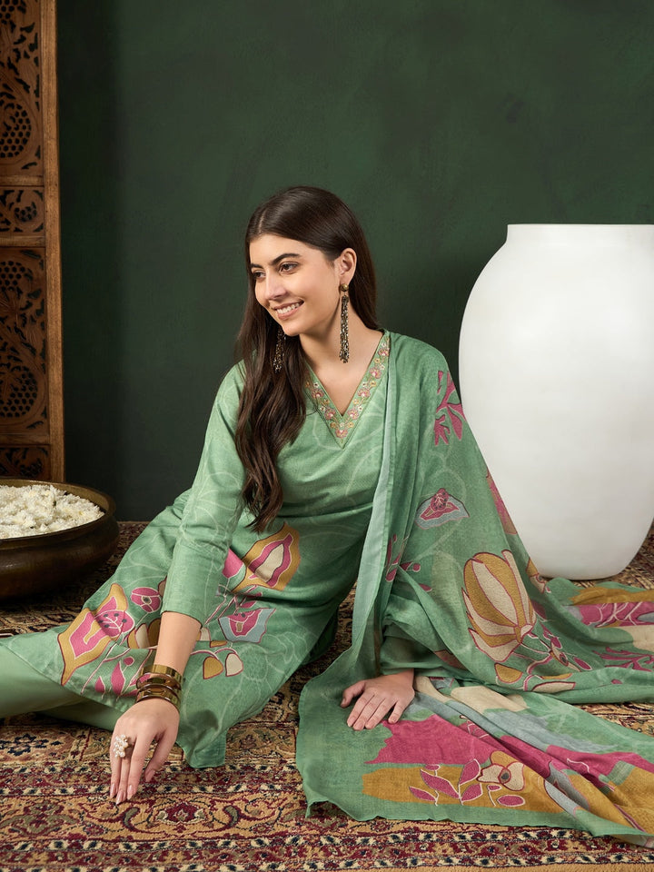 ZERESOUQ-Green-Silk-Blend-Floral-Printed-3-Piece-Kurta-Set