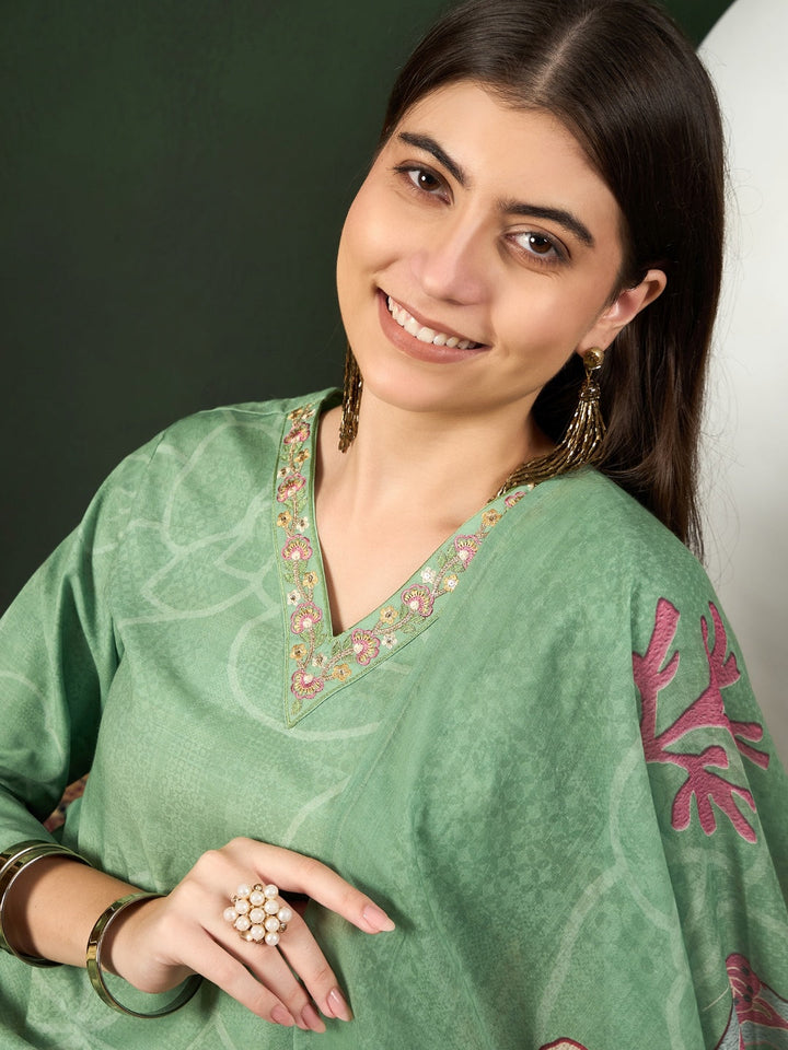 ZERESOUQ-Green-Silk-Blend-Floral-Printed-3-Piece-Kurta-Set