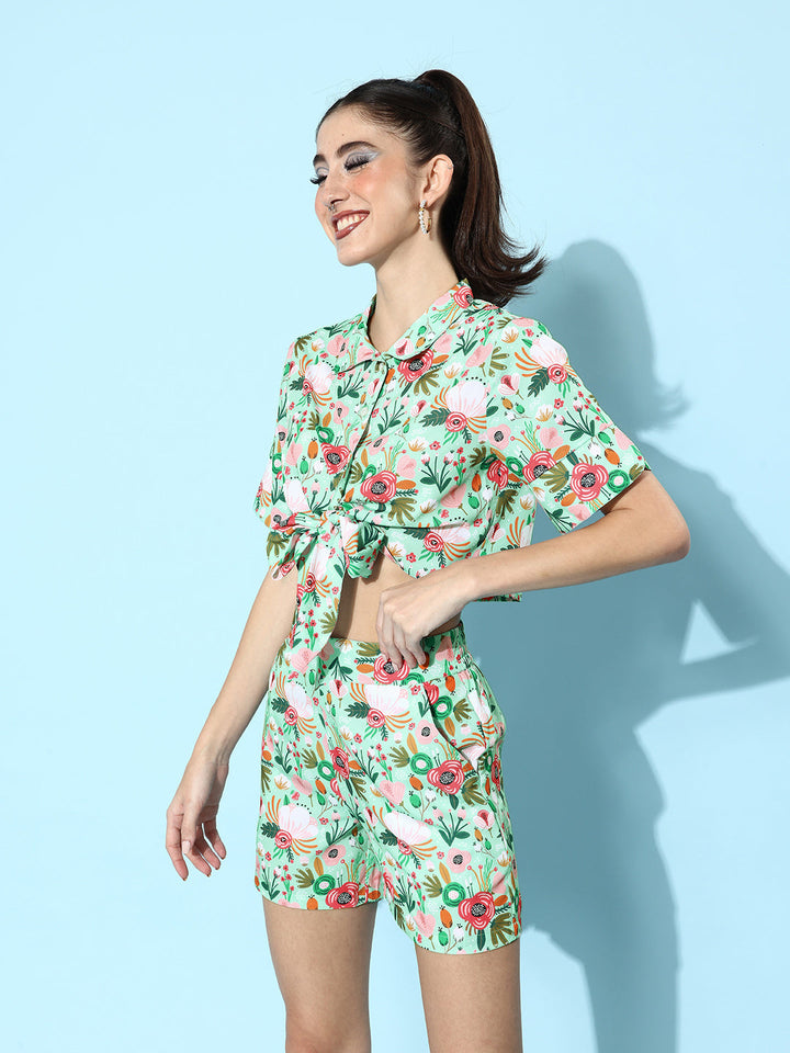 Green-&-Multi-Polyester-Floral-Top-And-Shorts