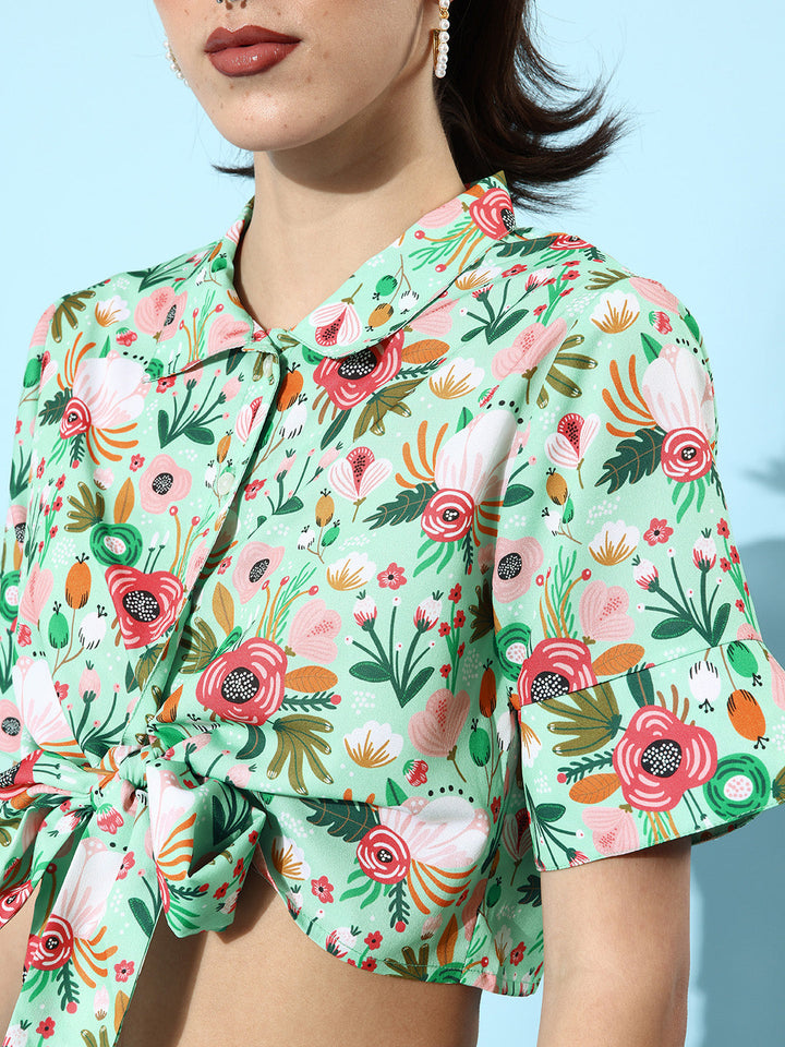 Green-&-Multi-Polyester-Floral-Top-And-Shorts