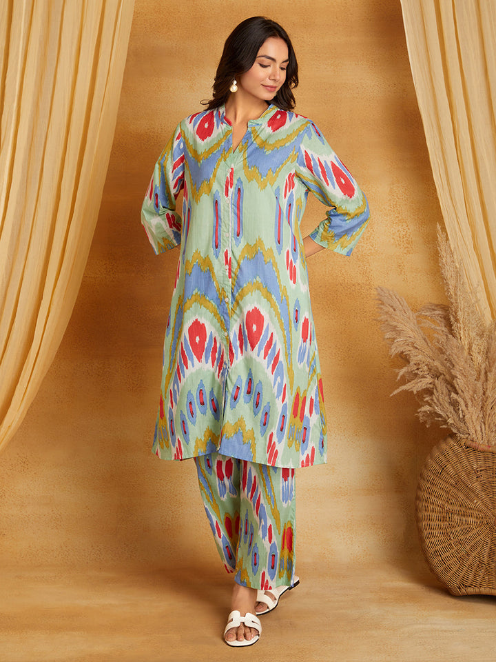 Green with Multicolor Printed Kurta with Pants (Set of 2)