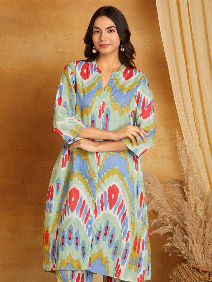 Green with Multicolor Printed Kurta with Pants (Set of 2)