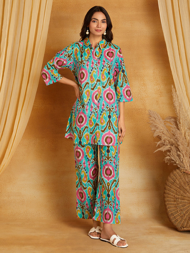 Green with Multicolored Ikkat Print Co-Ord Set (Set of 2)