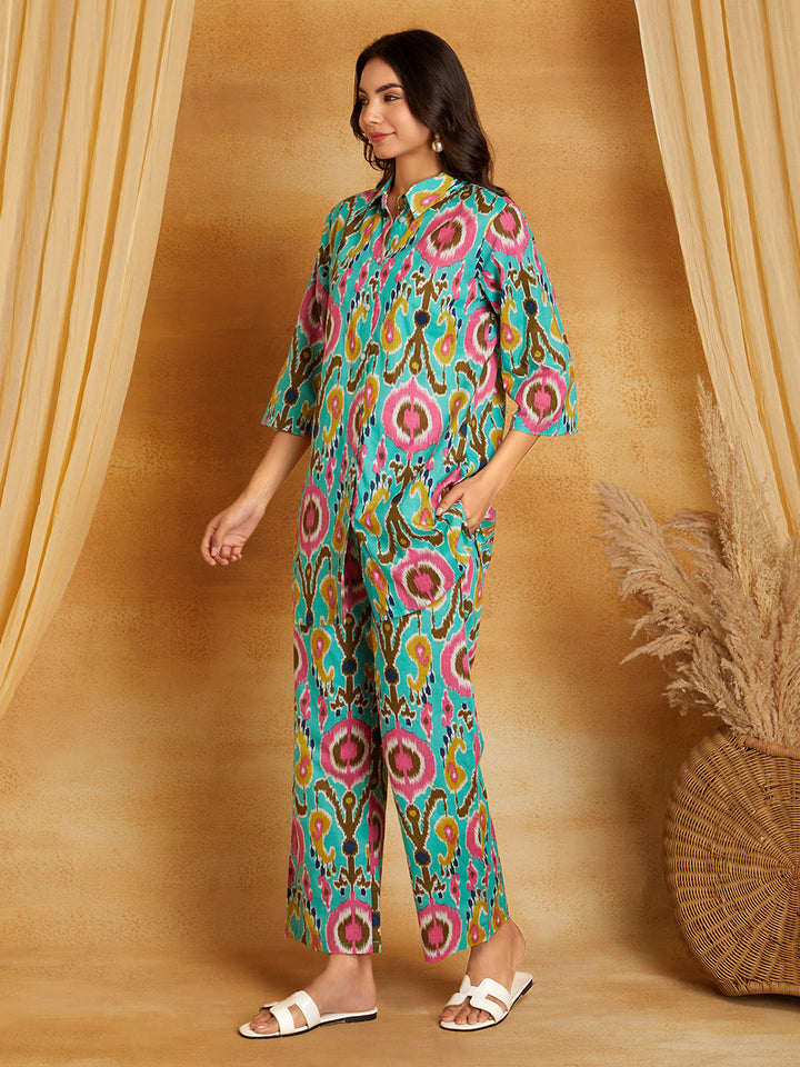 Green with Multicolored Ikkat Print Co-Ord Set (Set of 2)