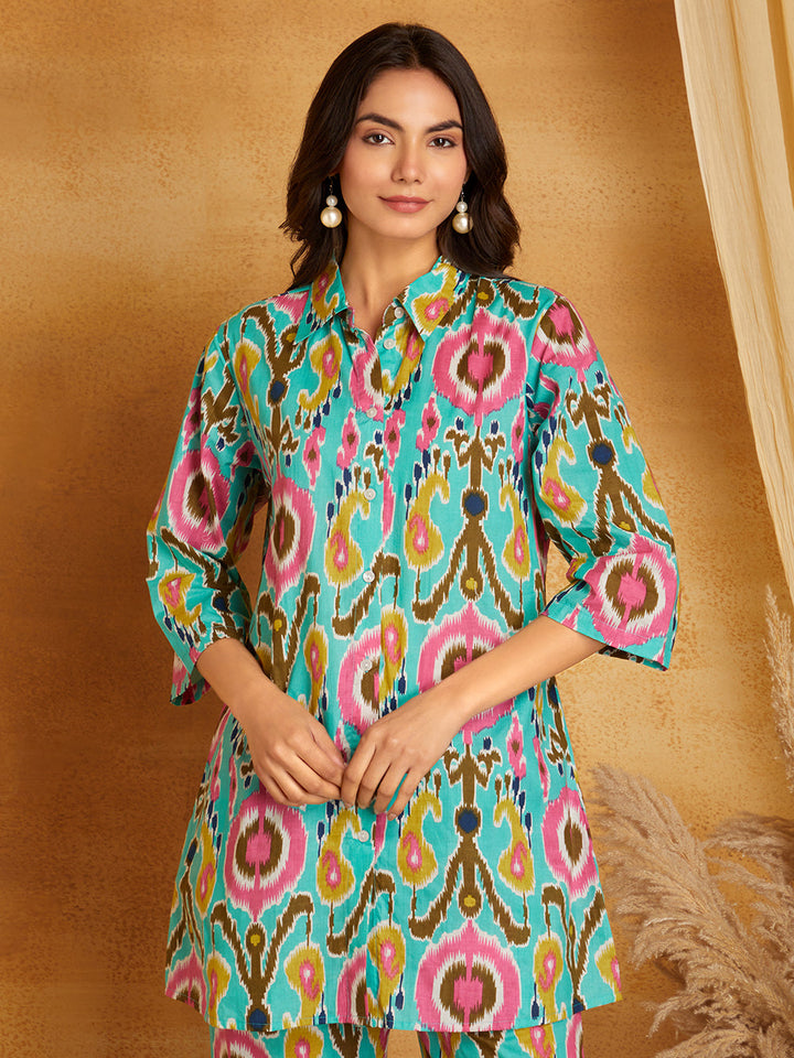 Green with Multicolored Ikkat Print Co-Ord Set (Set of 2)