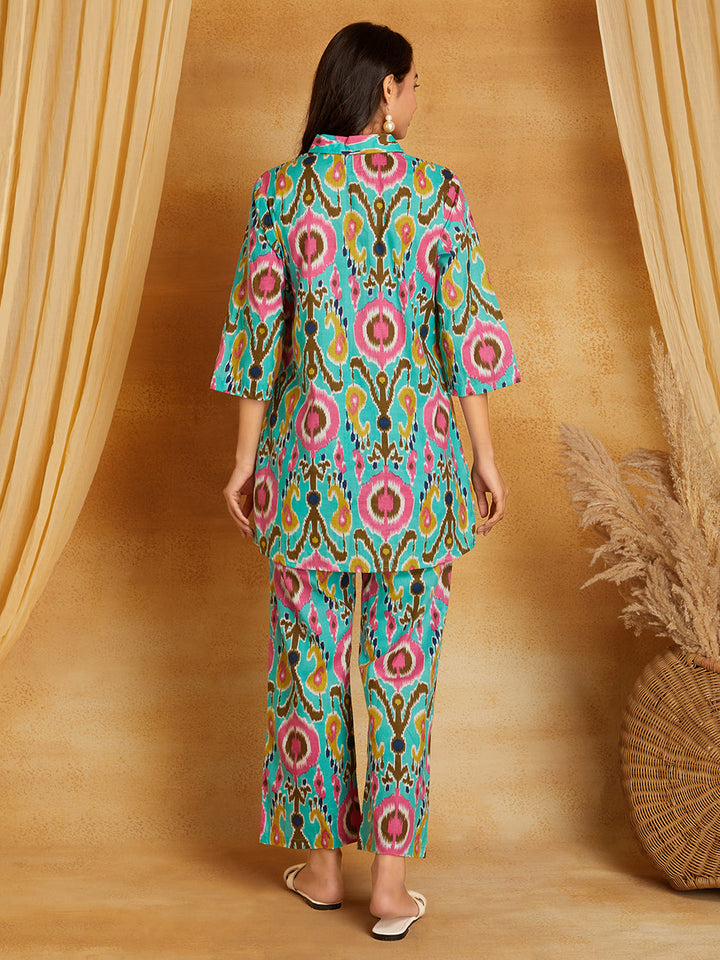 Green with Multicolored Ikkat Print Co-Ord Set (Set of 2)