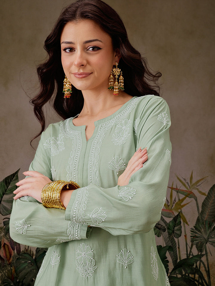 Pista-Green-Chanderi-Lucknowi-Chikankari-Short-Kurta-ONLY