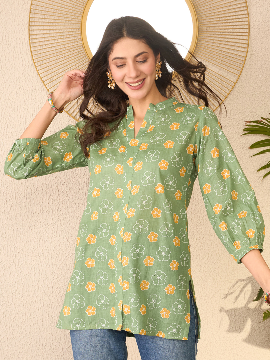 Green-Cotton-Blend-Floral-Printed-Tunic-Only