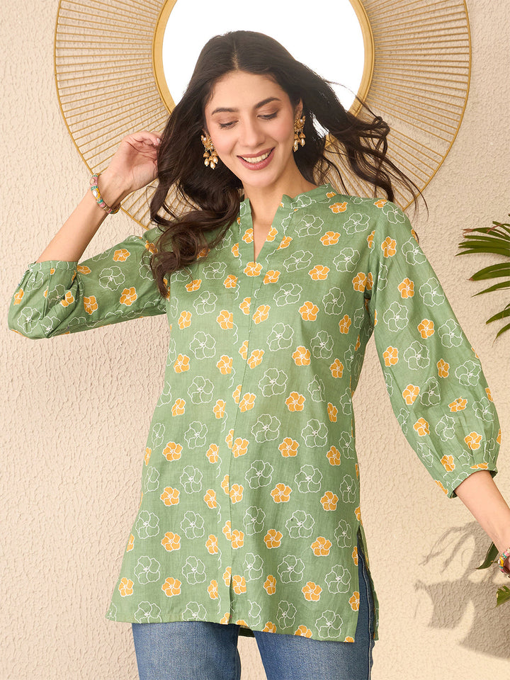 Green-Cotton-Blend-Floral-Printed-Tunic-Only