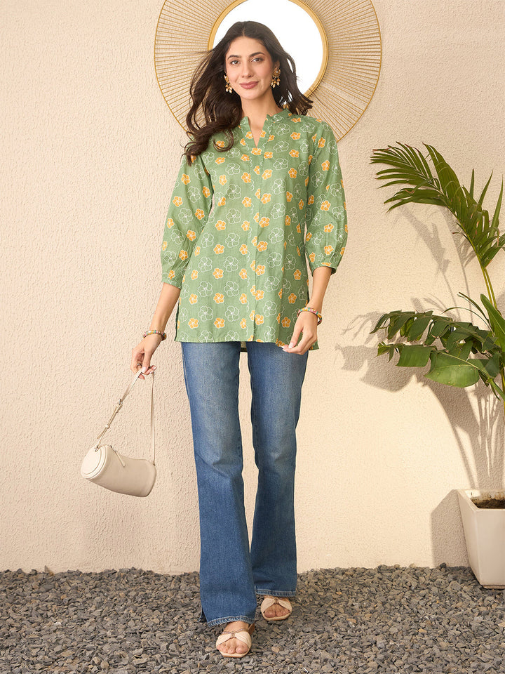 Green-Cotton-Blend-Floral-Printed-Tunic-Only