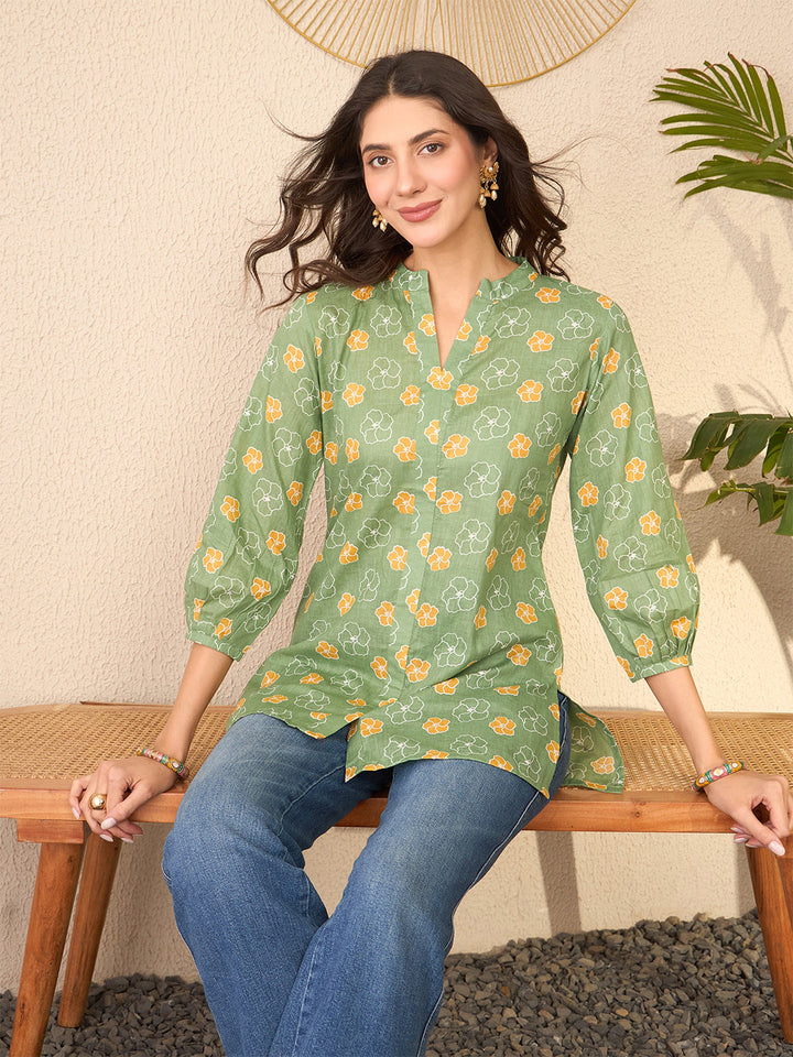 Green-Cotton-Blend-Floral-Printed-Tunic-Only
