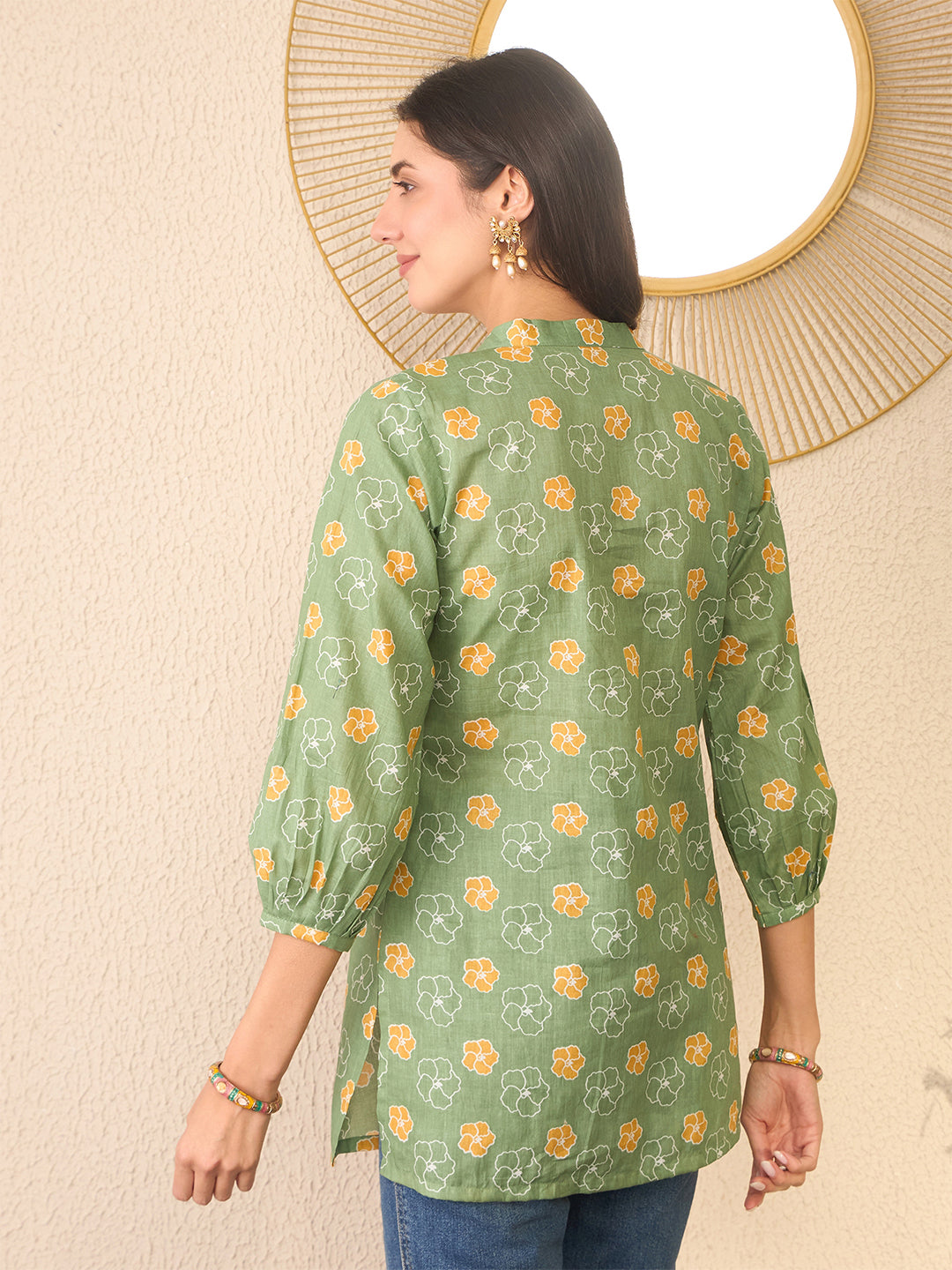 Green-Cotton-Blend-Floral-Printed-Tunic-Only