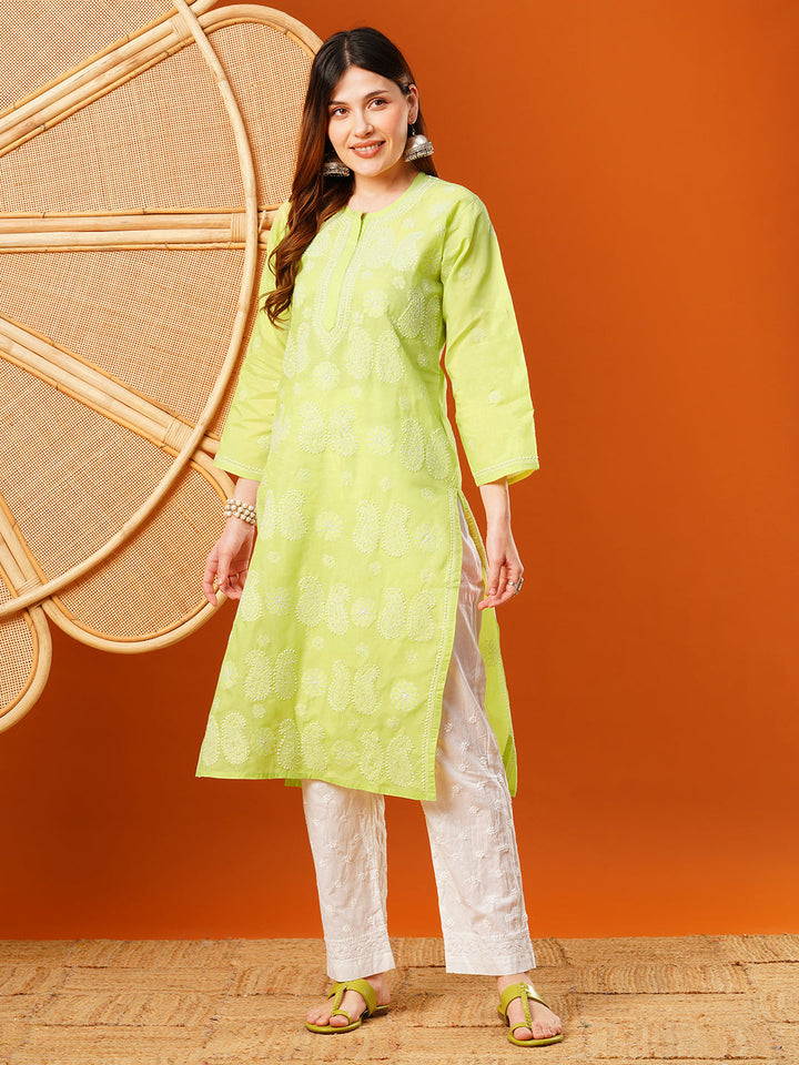 Light-Green-Cotton-Embroidered-Chikankari-Kurta-Only