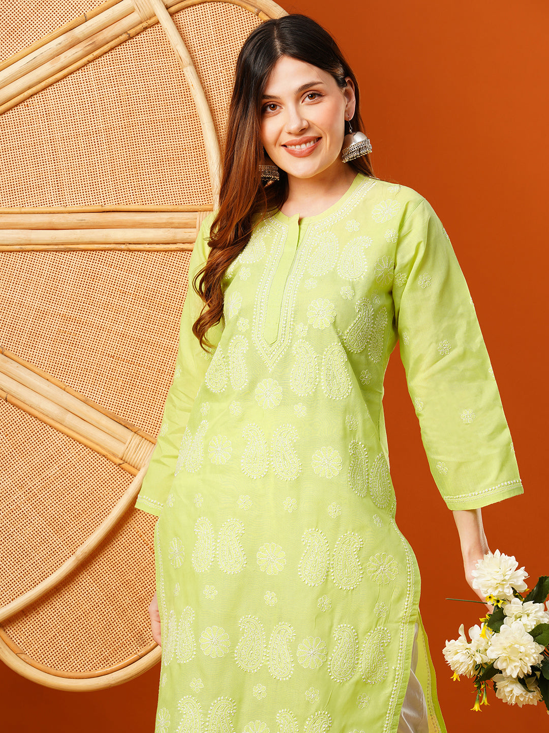 Light-Green-Cotton-Embroidered-Chikankari-Kurta-Only