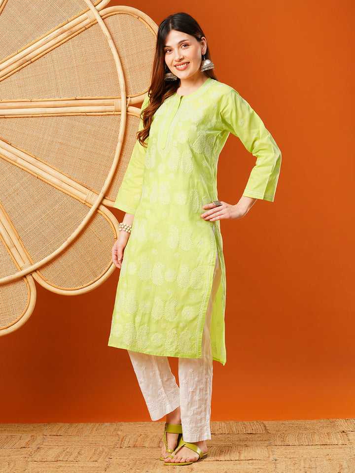 Light-Green-Cotton-Embroidered-Chikankari-Kurta-Only