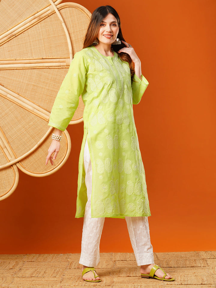 Light-Green-Cotton-Embroidered-Chikankari-Kurta-Only