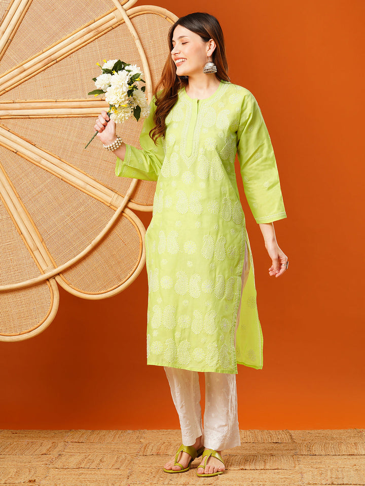 Light-Green-Cotton-Embroidered-Chikankari-Kurta-Only