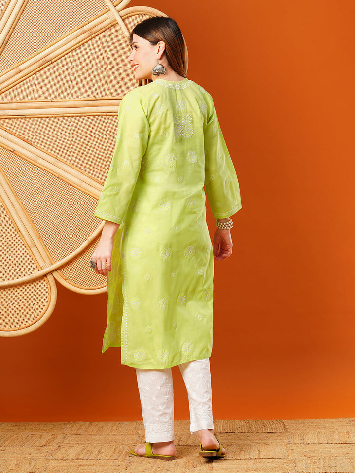 Light-Green-Cotton-Embroidered-Chikankari-Kurta-Only